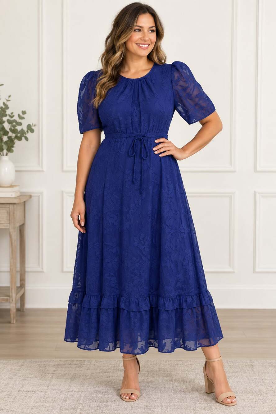 Julia Jordan Floral Jacquard Midi Dress Size 8 Royal Blue Puff Sleeve- lined